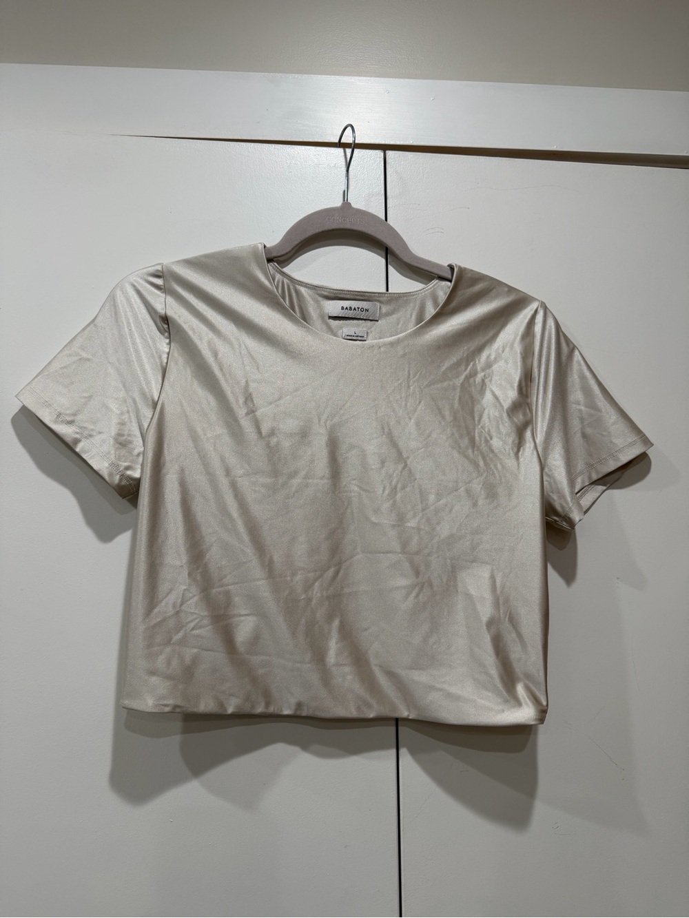 Aritzia Babaton Ivory metallic cropped t-shirt Satinette Contour Liquid Sz Large